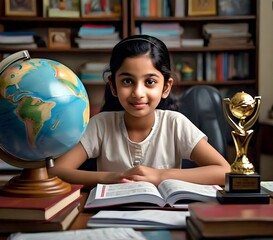 Pakistani girl studying at study room on table with wining trophy, books, world map.