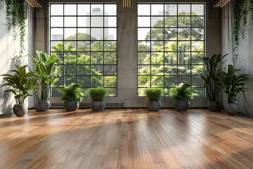 Empty room of modern contemporary loft with plants on wooden floor. 