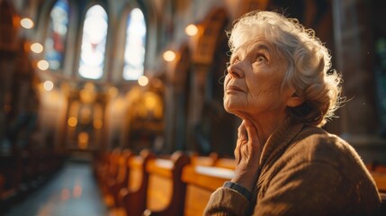Obraz premium Elderly Woman Praying in a Nearly Empty Church with Shallow Depth of Field, Focus on the Woman, Reflective and Serene Atmosphere