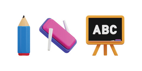 3D Education icon set on pencil, blackboard and chalk and duster icon 3d rendering vector illustration © sajjat