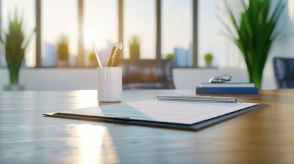 Modern office desktop with documents, pen holder, and sunlight through panoramic windows, creating a bright and professional workspace atmosphere.