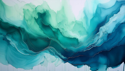  A watercolor abstract painting background featuring full teal, blue, and green hues