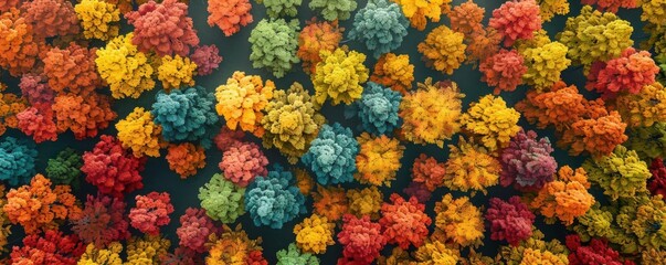 Aerial shot of a forest during autumn, colorful canopy of leaves, rich hues of gold, amber, and crimson, tranquil scene, digital art, high detail