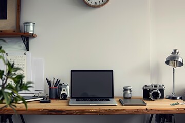 Modern Home Office with Laptop and Classic Camera