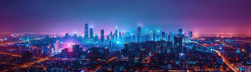 Naklejka premium Downtown cityscape, night view, bright lights illuminating streets and buildings, urban glow, high contrast, photorealistic, electric blue and purple hues