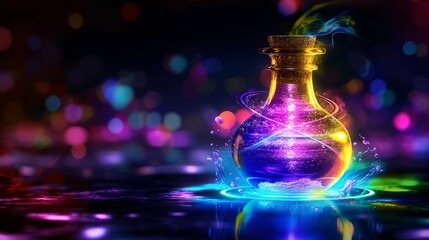 Glowing magical potion bottle, colorful liquids