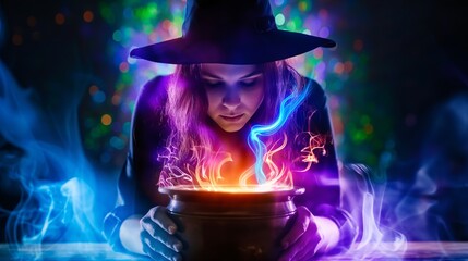 Witch brewing potion, bubbling cauldron, dark magic