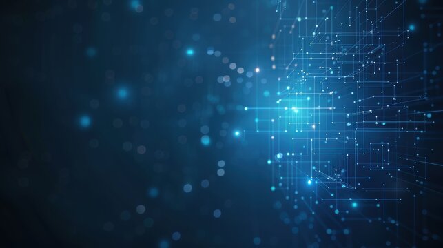 Abstract blue digital network technology background with connecting dots and lines representing data communication and internet connectivity.