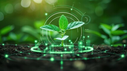 Futuristic concept of plant growth technology with digital elements, illustrating innovation in agriculture and nature's advancement.