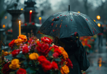 Photo of a funeral, people standing in mourning at the grave