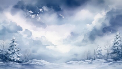 landscape with clouds at winter in watercolor effect 
