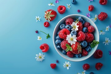 Bowl of mixed fresh berries and flowers on blue background