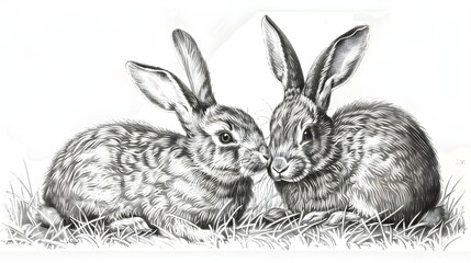 Obraz premium rabbits, 18th century graphic illustration, black and white graphic, vintage image of a hare on a white isolated background