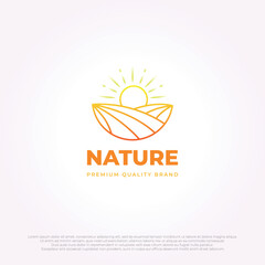 best premium emblem sunrise ground logo icon vector line art. illustration design of farmland with sunset.
