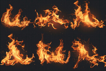 Fototapeta premium Realistic fire flame effect ‍set transparent background. Fire flame png bundle