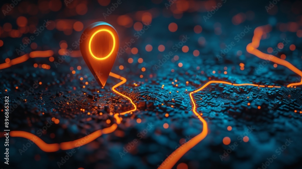 Poster glowing map location pin over city map at night, futuristic navigation concept