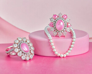 pearl necklace and earrings - pink