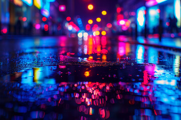 Fototapeta premium Multi-colored neon lights on a dark city street, reflection of neon light in puddles and water. Abstract night background, blurred bokeh light. Night view colorful