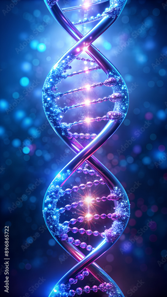 Wall mural Luminous DNA double helix in violet blue colors, 3D render.