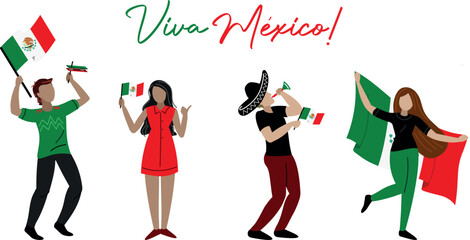 Personajes mexicanos festejando el dia de la independencia con banderas, sombreros y una atmósfera festiva