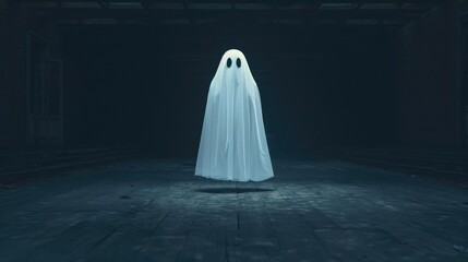Ghostly ethereal figure floating in a dark abandoned mansion, eerie light and shadows, haunting and chilling, spectral