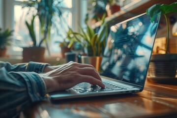 Mans fingers on a laptop trackpad, detailed home office setup in the background, photorealistic, remote working