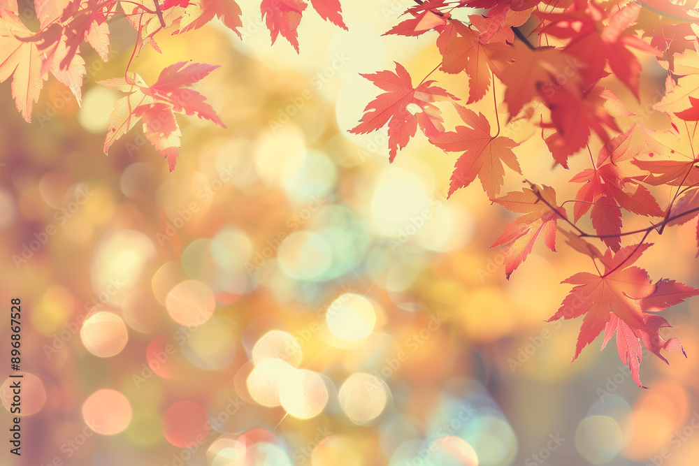 Poster web banner design for autumn season and end year activity with red and yellow maple leaves with soft focus light and bokeh background