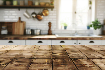 Wooden table on blurred kitchen bench background. Empty wooden table and blurred kitchen background