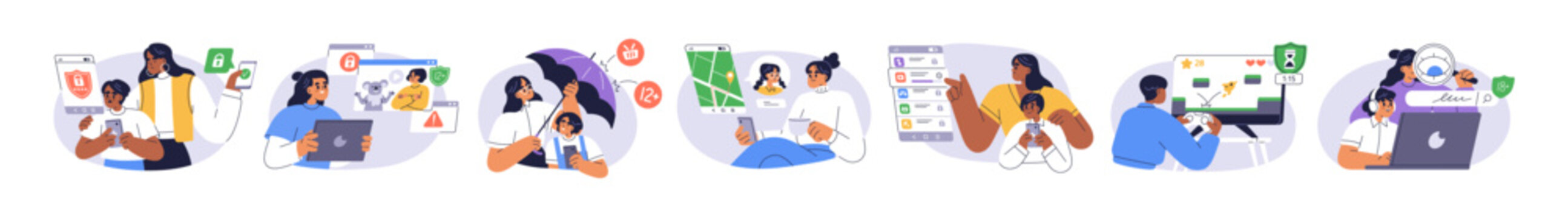 Internet cyber safety for kids, concept. Parental control. Parents block inappropriate content, restrict digital online time for children. Flat graphic vector illustration isolated on white background