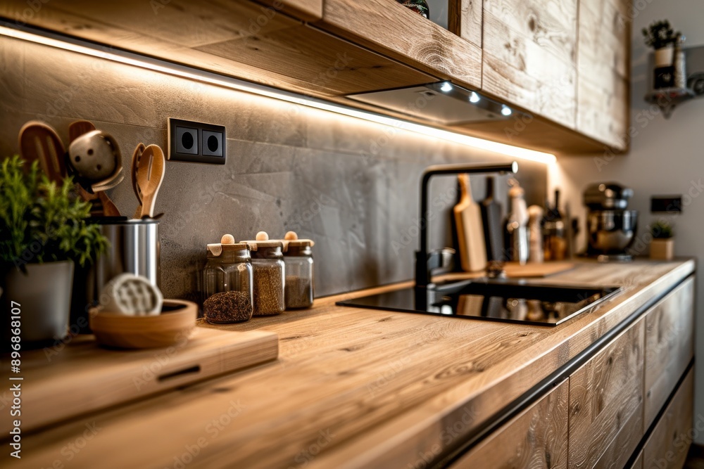 Wall mural Modern kitchen interior design with wooden countertop, sink and shelves with spices.