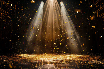 golden confetti rain on festive stage with light beam in the middle, empty room at night mockup with copy space for award ceremony, jubilee, New Year's party or product presentations