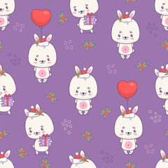 Christmas seamless pattern with cute rabbit in Santa hat with gift ang and balloon on purple background with holly. Festive Christmassy kawaii animal character. Vector illustration. Kids collection