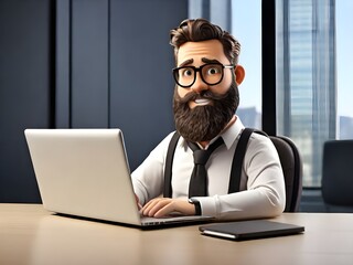 3d cartoon businessman with laptop