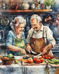 health and wellness for seniors, a close-up of a senior couple preparing a healthy meal together in a modern kitchen