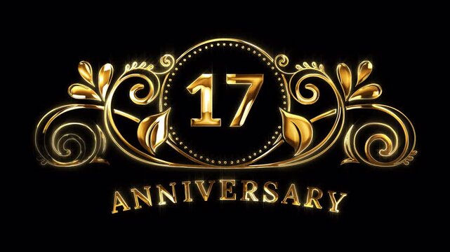 17th Anniversary Celebration. Happy 17 Years Anniversary Animation in Gold Color on the Transparent Background, Alpha Channel. Great for greetings, celebrations, events, and gifts.