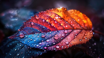 colorful leaf with water drops on black background