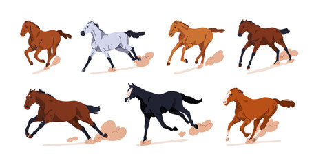 Galloping horses in motion. Thoroughbred stallions racing, running at fast speed. Free wild equine breeds, steeds in action, movement. Flat vector illustrations set isolated on white background