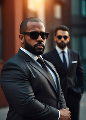 Professional guards in suits and sunglasses standing in hotel lobby, bodyguard service, private security