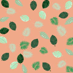Seamless pattern of exotic leaves on a white background with tropical plants and palm tree illustrations. Ideal for summer decor, textiles, and fashion, it features lush, green foliage Not AI.