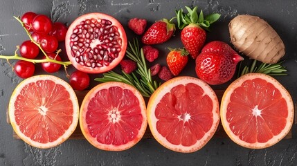A colorful display of fresh fruits and herbs, featuring halved grapefruits, pomegranate, strawberries, raspberries, cherries, and ginger.