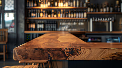 Clear beautiful wood tabletop counter with a bar background for product display