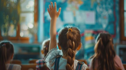 Naklejka premium little girl raises one hand in school class