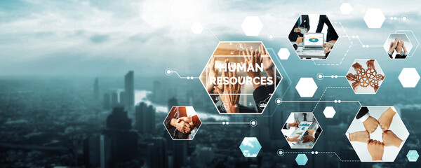 Teamwork and human resources HR management technology concept in corporate business with people...