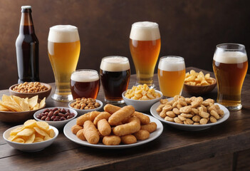  A variety of international beers on a table with snacks. 