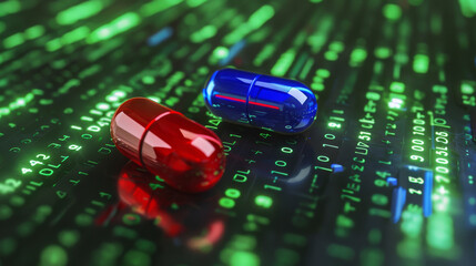 Choice between a red pill and a blue pill concept image on a green data background , choose or select symbol