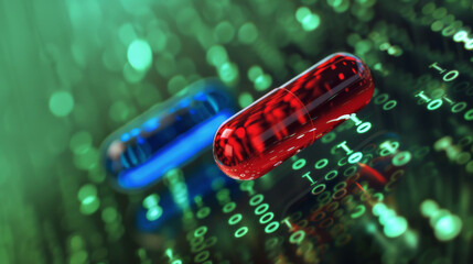 Choice between a red pill and a blue pill concept image on a green data background , choose or select symbol