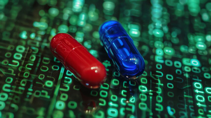 Choice between a red pill and a blue pill concept image on a green data background , choose or select symbol