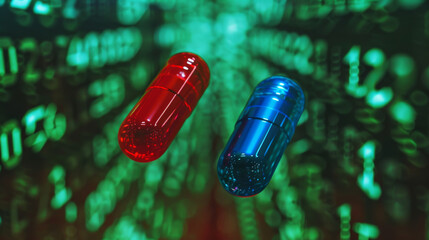 Choice between a red pill and a blue pill concept image on a green data background , choose or select symbol
