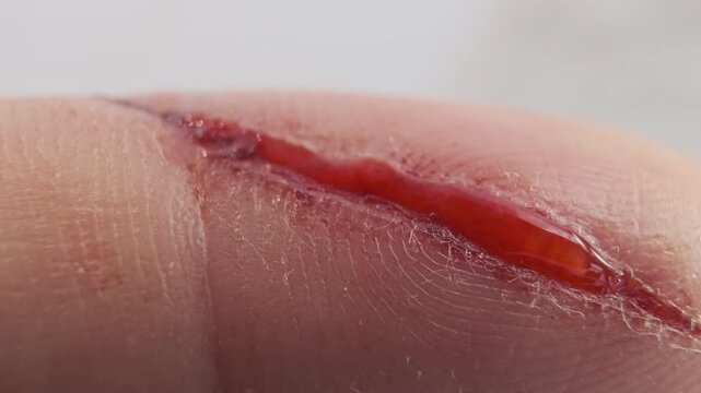 Super Macro Close-Up of Human Finger with a Cut from a Knife, Analgesic drug treatment. Pain relief of Fresh Open Wound with Blood on Skin.