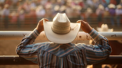 Cowboy Watching Rodeo Event, Western Lifestyle, Sunlit Arena